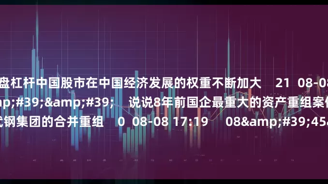 实盘杠杆中国股市在中国经济发展的权重不断加大    21  08-08 17:20     08&#39;40&#39;&#39;    说说8年前国企最重大的资产重组案例：宝钢集团与武钢集团的合并重组    0  08-08 17:19     08&#39;45&#39;&#39;    说说上海股市第一个退市股：水仙电器    0  07-07 17:09     15&#39;00&#39